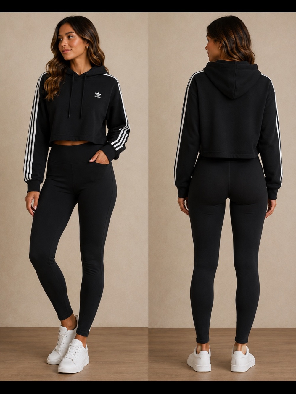 adidas Black Cropped Hoodie with White 3-Stripes